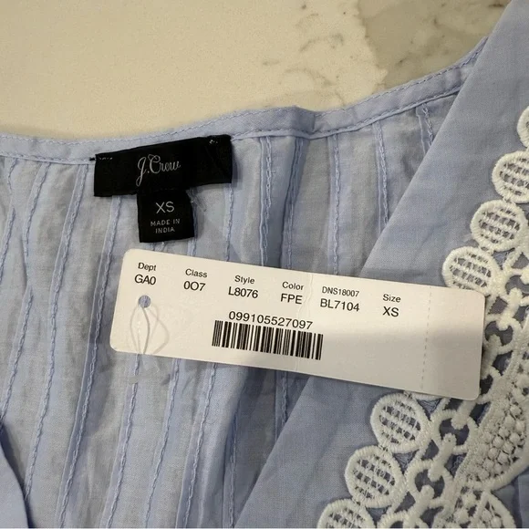 J. Crew NWT Pleated V-Neck Ruffle Sleeve Peplum Blouse Lace Trim Women’s XS Blue - Picture 6 of 10